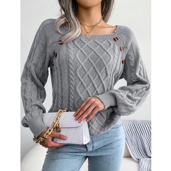 Sweaters - Gray Wide Neck Knit Pullover Sweater with Button Detail